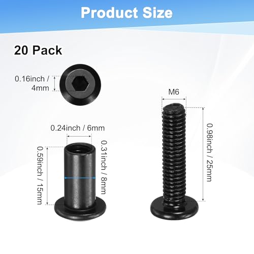 M METERXITY 20-Pack Hex Drive Socket Cap Bolt, M6 x 25mm Carbon Steel Furniture Connector Bolts Barrel Nuts for Furniture Assembly/Cabinet/DIY Binding Post Screws Rivet Fasteners [Black] - size: M6 x 25mm
