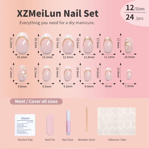 3D Gold Line French Tips Press On Nails Oval Short, White Flower French Tip Designer Reusable Acrylic Nails Press Ons, Fake Nails With Glue On Nail, Daily Wear Floral False Nails For Women - color: Q-1889, size: 24 Pieces (Pack of 1)