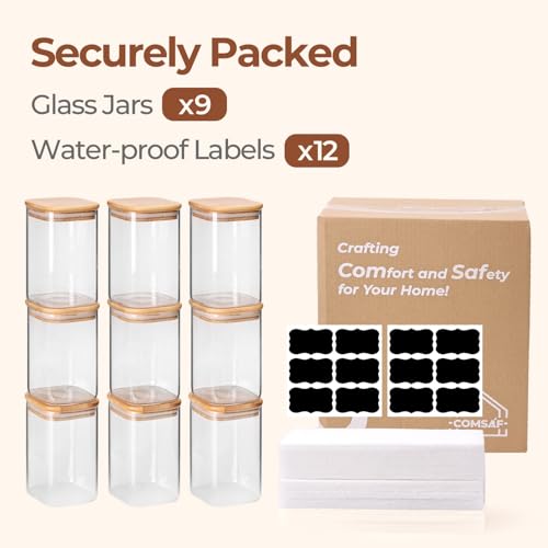 ComSaf Square Glass Containers with Lids 1.2 Qt, Set of 9 Pantry Glass Jars | Food Storage Jar, Kitchen Canisters, Storage Container, Bamboo Lid with Silicone Seal, Cookie, Flour, Spice, Coffee, BPA Free - size: 1.2Qt*9