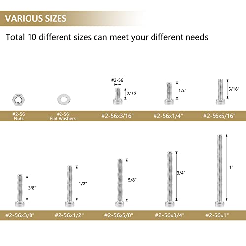 252 Pieces #2-56 x 3/16", 1/4", 5/16", 3/8", 1/2", 5/8", 3/4", 1", Hex Socket Head Cap Screws Nuts Washers Assortment Kit, 304 Stainless Steel, Fully Machine Thread - size: #2-56, style: Socket Head
