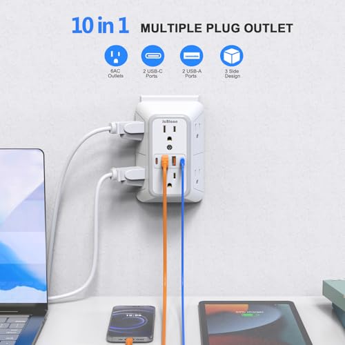2 Pack Wall Outlet Extender, 6 Outlet Splitter with 4 USB Ports (2 USB C), 3 Sided 1050J Multi Plug with Surge Protector for Home Office Kitchen Travel-ETL - color: White-6 Outlets-2 Pack