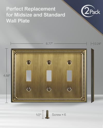 Switch Plates Outlet Covers, 2-Pack Antique Brass Metal Wall Plates - color: Antique Brass, size: 3 Toggle 2PK
