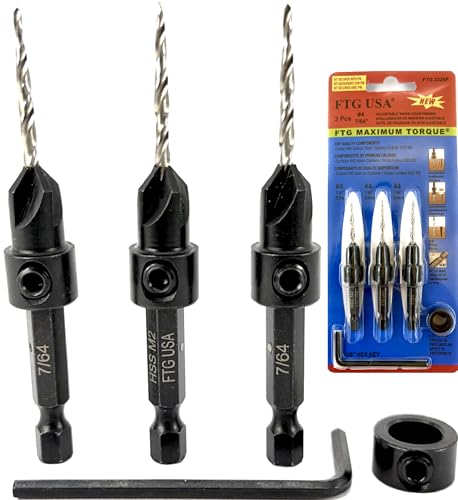 FTG USA #4 (7/64") Wood Countersink Drill Bit 3-Pc Set with 3/8" Depth Stop - size: #4, style: 3 Pc with Depth Stop