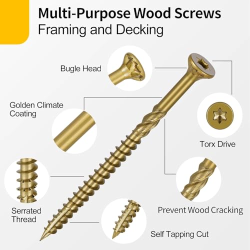 340Pcs Multi-Purpose Wood Deck Screw Kit,#8#9 Bugle Head for Interior and Exterior Use,Star Drive Torx Golden Coated with T15/T25 Bit - size: #8#9 Kit