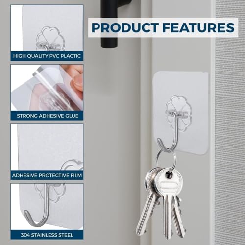 24 Pack Adhesive Wall Hooks 33LB Heavy Duty No Drill Clear Sticky Hooks