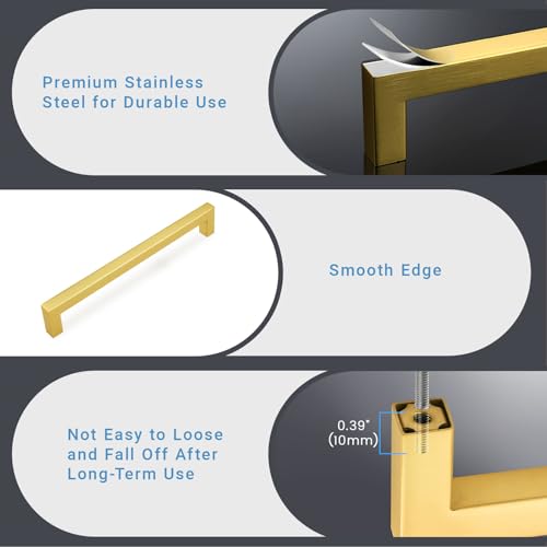 KNOBWELL 6Pack 7-9/16 Inch Brushed Gold Cabinet Pulls Stainless Steel Kitchen Cabinet Handles Square Drawer Pulls Modern Cabinet Hardware Handles，192mm Hole Centers - color: Brushed Gold, size: Hole Center:7-9/16 inch(192mm)