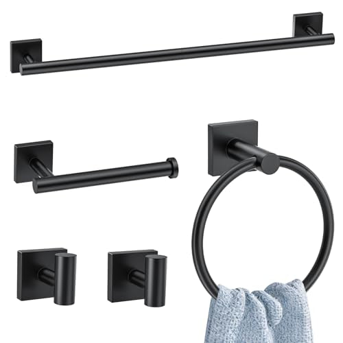 5 Pieces Bathroom Hardware Accessories Set Matte Black Towel Bar Set Stainless Steel Wall-Mounted Towel Holder 23.6 Inch Towel Racks for Bathroom - color: Matte Black