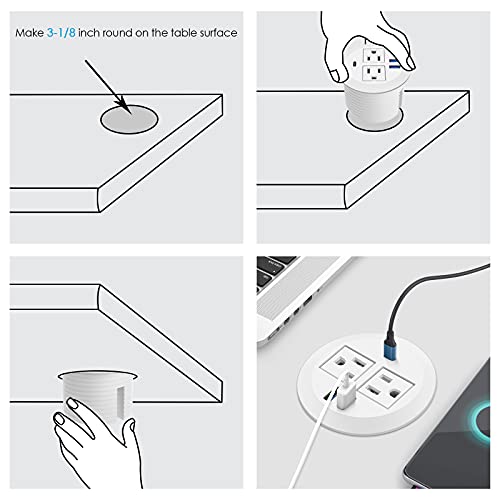 Jgstkcity 2-in-1 Desktop Power Grommet with USB-C Output, 125V, 12A, 2 AC Outlets, 3 USB Charging Ports, White - color: White