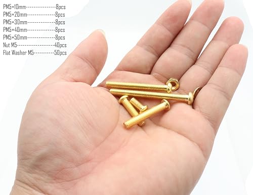LBY 130pcs Machine Screws Assortment Kit, M5 Phillips Pan Head Bolts, 5 Sizes (with Nuts and Flat Washers), Copper (Yellow) - size: M5