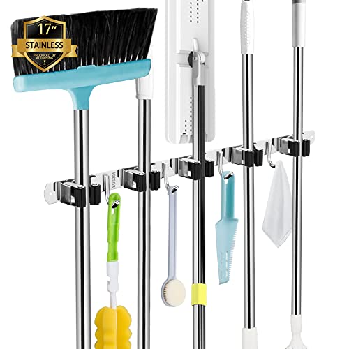 AceMining Broom Holder Wall Mount, 5 Racks 4 Hooks Heavy Duty Mop Organizer - color: 5 Racks & 4 Hooks (Silver) - 1 Pack