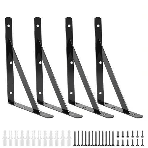 4 Pack L12 x H 8" Heavy Duty Shelf Brackets with Screws Open Floating Shelving Bracket L Brackets Black Metal Shelf Brackets for Shelves, Room, Pantry,Garage - size: L 12" x H 8" x W 1", style: 4 Pack-Black