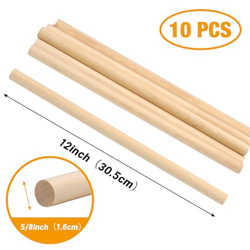 Wooden Dowel Rods Wood Dowels for Crafting 5/8 x 12 Inch, 10 PCS Round Wooden Sticks for Macrame Crafts and DIYers, Unfinished Pine Hardwood Sticks for Wands, Curtain Rods, Rhythm Sticks - size: 5/8"×12"-10 PCS