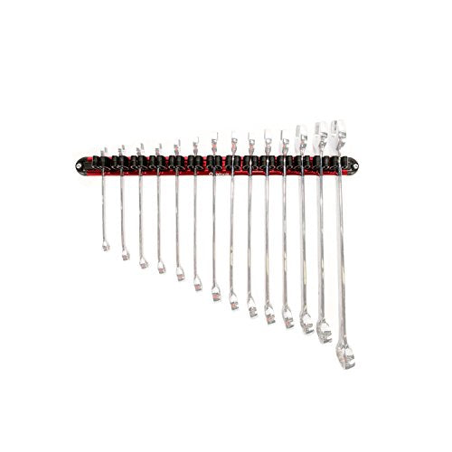Olsa Tools Wall-Mounted Wrench Rack - Red Anodized Aluminum Rail with Black Clips - Stores 14 SAE or Metric Wrenches Securely - Professional Organizer - Part: 1028 - style: Red Aluminum + Black Clips