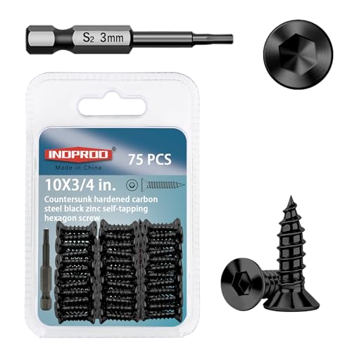 75-Piece #10 x 3/4" Flat Head Hex Socket Self Tapping Screws - Black Zinc Plated Steel, Countersunk Wood Screws with Drive Bit, for Woodworking & Furniture Repair - size: #10 x 3/4"