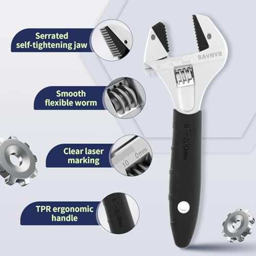 Adjustable Wrench 8 inch with Serrated Self-tightening Jaw, 25mm Wide Jaw Opening Wrench for Plumbing, Automotive, DIY - size: 8 Inch