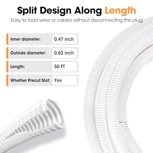 50 FT Wire Loom 1/2 Inch, Split Wire Loom Tubing Wire Conduit with Installation Tool, Flexible Wire Protector Tubing – White - color: 1/2" x 50ft-White