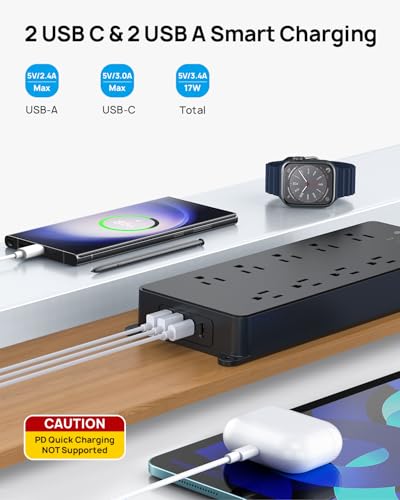 TROND Surge Protector Power Strip 10ft, 360° Rotating Flat Plug, 4000J - color: Black, size: 10FT (Rotating Plug)