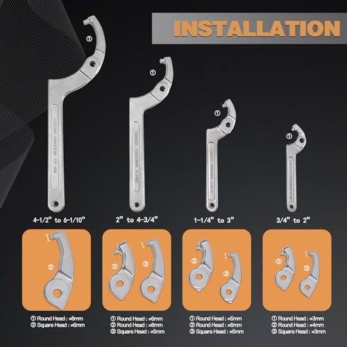 12pcs Adjustable Spanner Wrench Sets with Replaceable Head, C-Shape Pin Hook Wrench Tools for Pipes Heating Cars, Castle Buffer tube Nut Coilover Wrench for Suspension System, 3/4" to 6-1/10"