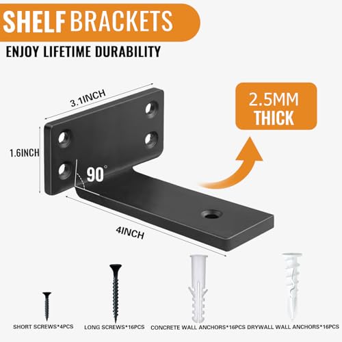 4 Inch Heavy Duty Floating Shelf Brackets,Hidden Black Metal L Bracket,Industrial Modern Wall Shelving Supports,4 Pack
