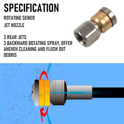 Hourleey Sewer Jetter Kit for Pressure Washer 200FT, Drain Cleaner Hose 1/4 Inch NPT, Orifice 4.0 Button Nose and Rotating Sewer Jetting Nozzle Spanner Tape Pearl Corsage Pin, 4000 PSI - size: Black-200 FT