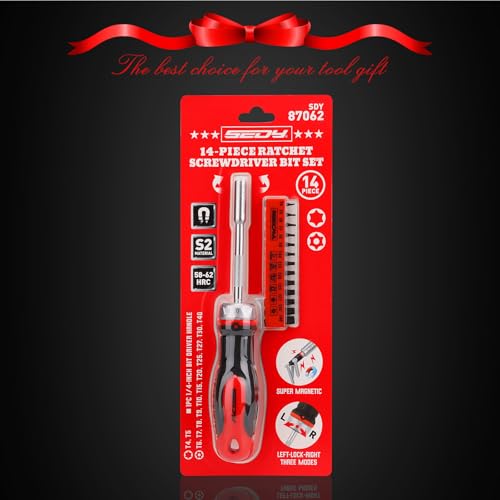 14-Piece 1/4″ Magnetic Ratcheting Screwdriver Bit Set, T4-T40 Torx Bit Set with 1/4 inch Magnetic Bits Driver Multi-bit Ratchet Screw Drivers for Garage, Home, Work, DIY Repair