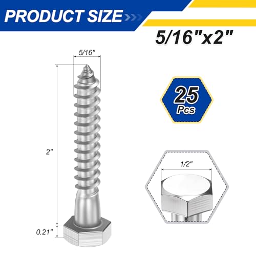 25 Pcs Hex Head Lag Screws 5/16"x2" SS 18-8 (304) Lag Bolts - color: Silver, size: 5/16"x2"