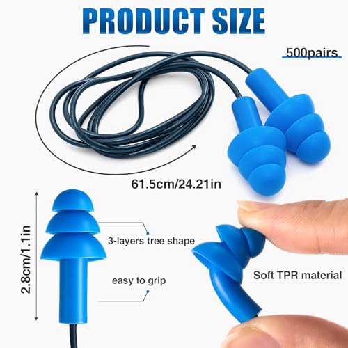 Blulu 500 Pair Metal Detectable TPR Corded Ear Plugs Bulk Blue Disposable Earplugs with Detectable String Noise Cancelling Sound Blocking for Food Services Industry Pharmaceutical Pulp and Paper