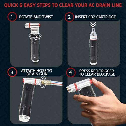 RedRock Gallo Drain Gun AC Drain Line Cleaner Tool, HVAC Air Conditioner Condensate Blaster Cleaning Kit with Flexible Hose Pipe, Includes 5 Unthreaded CO2 Cartridges