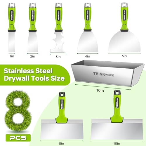 THINKWORK 8Pcs Drywall Tools, Drywall Knife Set with 10" Mud Pan