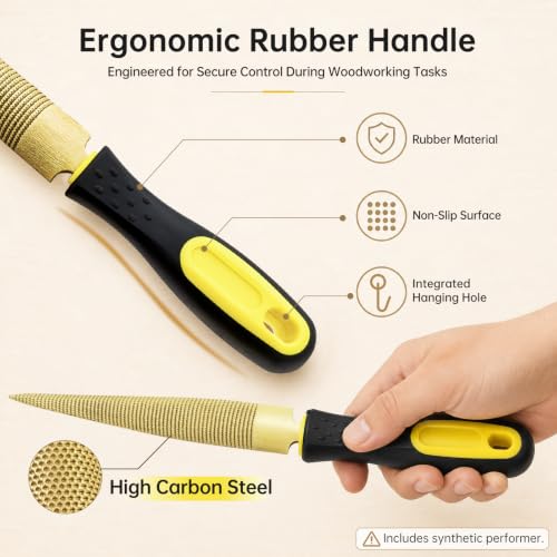 5 PCS High Carbon Steel Golden Wood Rasp, Double Sided Tapered and Half Round Rasp File, 4"-6"-8"-10" for Woodworking/Carving/Sharping with Rubber Handle