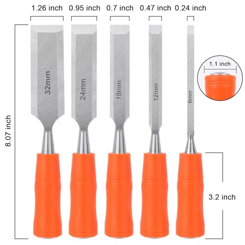 5 Piece Wood Chisel Sets Woodworking Tools Set, Wood Chisels for Woodworking with Steel Hammer End, Wood Tools Chisel Set Woodworking with Ergonomic Plastic Handle, 6mm, 12mm, 18mm, 24mm, 32mm - size: 5 Pack