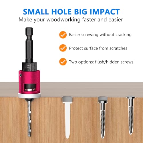 BURMONG 5-Piece Countersink Drill Bit Set with Adjustable Depth Stop, 1/4" Hex Shank Quick Change Drilling Tool Kit, 82° Woodworking Chamfer Bits for Wood, Plywood, MDF, Plastic - style: With Adjustable Depth Stop