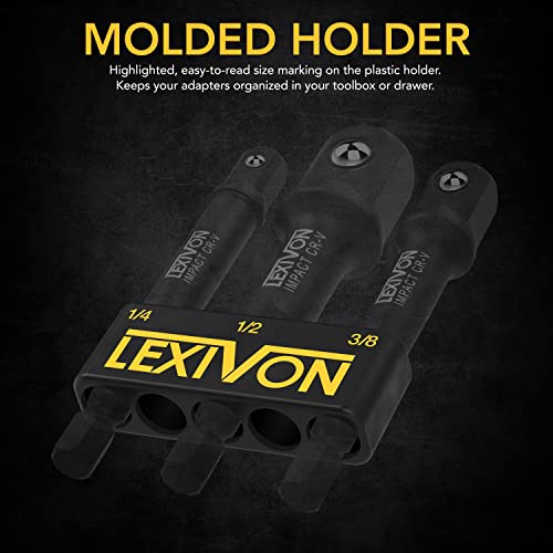 LEXIVON Impact Grade Socket Adapter Set, 3" Extension Bit With Holder | 3-Piece 1/4", 3/8", and 1/2" Drive, Adapt Your Power Drill To High Torque Impact Wrench (LX-101) - style: Impact Socket Adapter
