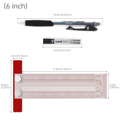 6" Precision Marking T-Rule, Stainless Steel Scribe Line Ruler with Holes for Cutting Sawing, Scribing Ruler Woodworking Marking Tools Carpenter Draft Measuring T-Square with Stops (Red, 6 inch) - size: 6 inch