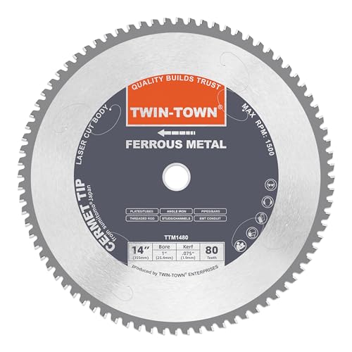 TWIN-TOWN 14-Inch 80 Teeth Metal Steel Cutting Saw Blade for Dry Cutting Mild Steel and Ferrous Metals, 1-Inch Arbor, Cermet Carbide Tipped Up to 5X Longer Life, Compatible with Circular and Chop Saws - size: 14" 80T medium steel