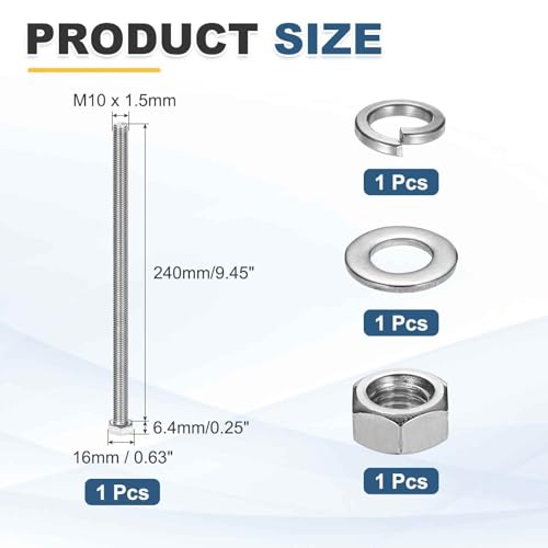 MECCANIXITY M10 x 240mm 304 Stainless Steel Hex Head Screws Bolts, Nuts, Flat & Lock Washers Assortment Kit, Fully Threaded, Bright Finish for Home, Electronic, Machine, 1 Sets - size: M10 x 240mm