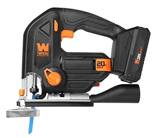 WEN Cordless Jigsaw, Variable Speed with 20V Max 2.0 Ah Lithium Ion Battery and Charger (20661) - size: Handheld, style: Brushed Variable Speed