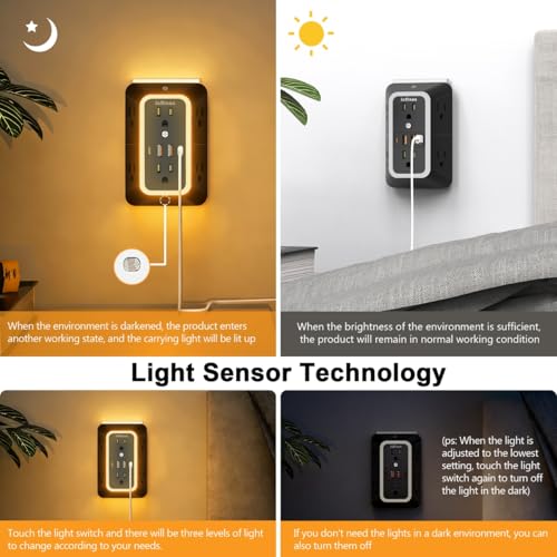 Wall Outlet Extender with Night Light, Power Plug Adapter 6 Outlet Extender with 4 USB Charging Ports（2 USB C）,1050J Power Strip Multi Plug Adapter Spaced for Home Office Travel-Black-ETL - color: Black-1Pcs