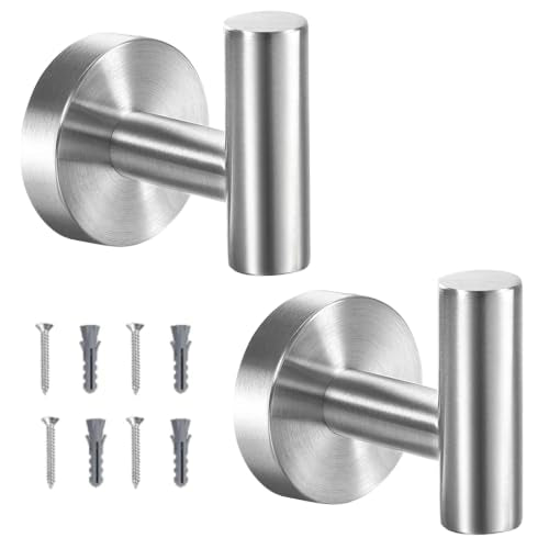 Vuzvuv Silver Brushed Nickel Stainless Steel Towel Hooks (2-Pack) | SUS304, Waterproof, Heavy Duty, Coat Robe Holder, Hooks for Bathroom Kitchen Hotel - color: Silver Wall Mounted