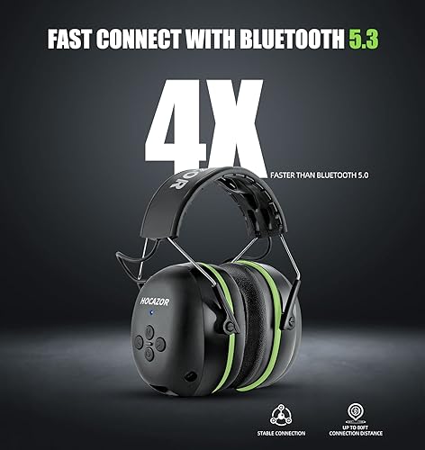 HZ07 Upgrade Bluetooth 5.3 Hearing Protection Built-in 1500 mAh Rechargeable Battery 40 Hours+ Playing Time Noise Cancelling 25dB NRR Earmuffs NRR 25dB for Mowing Workshops, Green - style: Green, No Fm/Am, Bluetooth, Rechargeable Battery