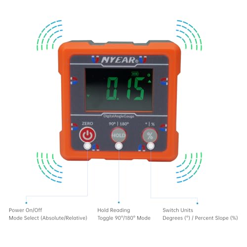 NYEAR Digital Electronic Angle Gauge Type-C Rechargeable, Four sided strong magnet, IP67 waterproof rating, Measures 0-90 and 0-180 Degree Ranges, Measures and Sets Angles or TAN