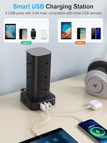 Power Strip Tower with Wireless Charger,Surge Protector with 12 Outlets - color: Black, size: 15FT with Wireless Charging