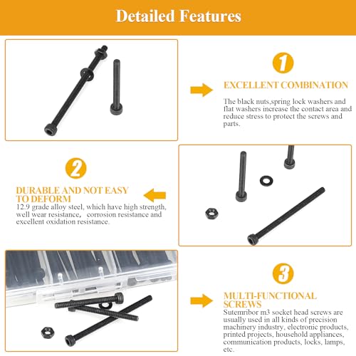 305 Pieces M3 x 30/35/40/45/50mm Hex Socket Head Cap Screws Nuts Washers Set Black, Sutemribor M3 Long Screws, M3 Black Screws Nuts Washers Assortment Kit, 12.9 Grade Alloy Steel, Fully Threaded - size: M3 x 30-50mm, style: Socket Head
