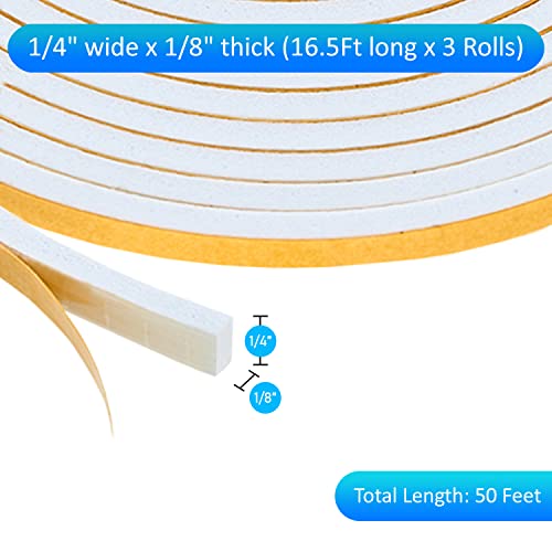 High Density Foam Weather Stripping Door Seal Strip Insulation Tape Roll for Insulating Door Frame, Window, Air Conditioner | Self Adhesive Sealing Weatherstrip (White, 1/4 in 1/8 in 50 Ft) - color: White, size: 1/4 In x 1/8 In x 50 Ft