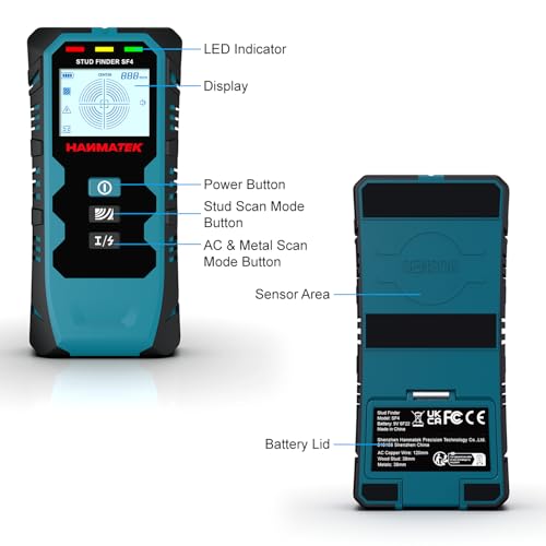HANMATEK Stud Finder Wall Scanner,5 in 1 Multifunction Stud Locator with Upgraded Smart Sensor Audio Alarm HD LCD Display, Stud Finder Tool for The Center Edge of Metal, Studs, Plaster,AC Wire,Pipe