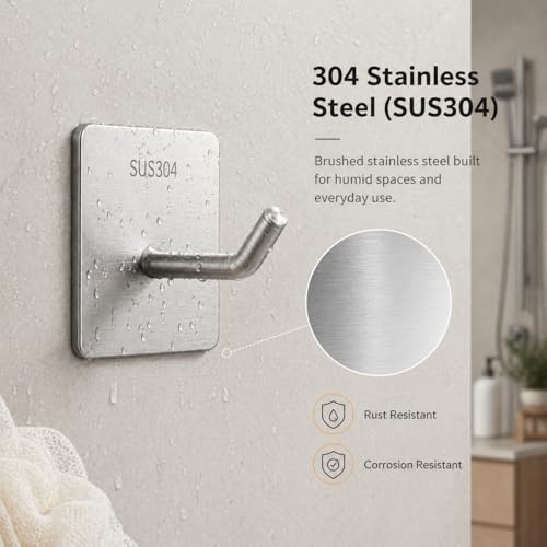 4 Pack 304 Stainless Steel Adhesive Wall Hooks, No Drill Hangers