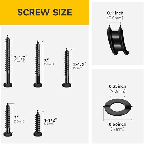 Mywish 46Pcs 3/8" Hex Head Lag Screws Assortment Kit, Heavy Duty Lag Bolts with Washers, 304 Stainless Steel Bolts 18-8, 5-Size Wood Screws for Outdoor, Black Oxide 3/8 Bolt - size: 3/8 Assorted Kit