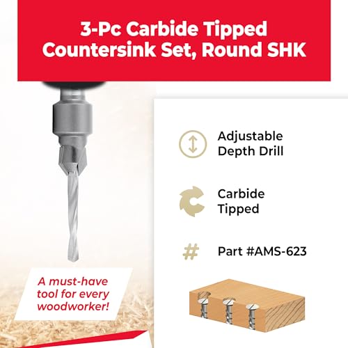 Amana Tool Woodworking Countersink Set, AMS-623, 3-Piece | Carbide Tipped with Round Shank - style: AMS-623, 3-PC