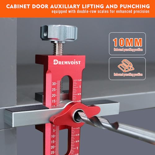 Cabinet Door Installation Jig 2-in-1, Mounting Tool with Adjustable Positioner,for Frameless Cabinets Only, Adjustable Aluminium Alloy Cabinet Hardware Jig,with 3 Drill Bits and Storage Bag