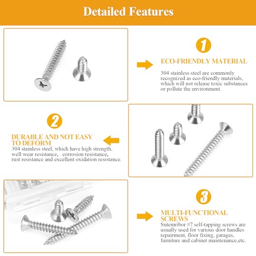 165 Pieces #7 x 1/2" 5/8" 3/4" 1" 1-1/4" Wood Screws Set, Phillips Countersunk Head #7 Self-Tapping Screws Assortment Kit, 304 Stainless Steel - size: #7, style: Phillips Countersunk Head